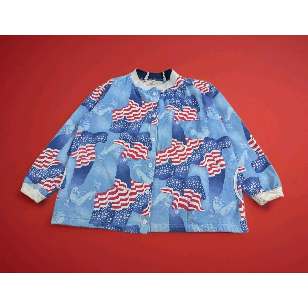 Vtg 90s Mo Mart Patriotic Fleece Jacket Women XL American Flag Statue of Liberty
